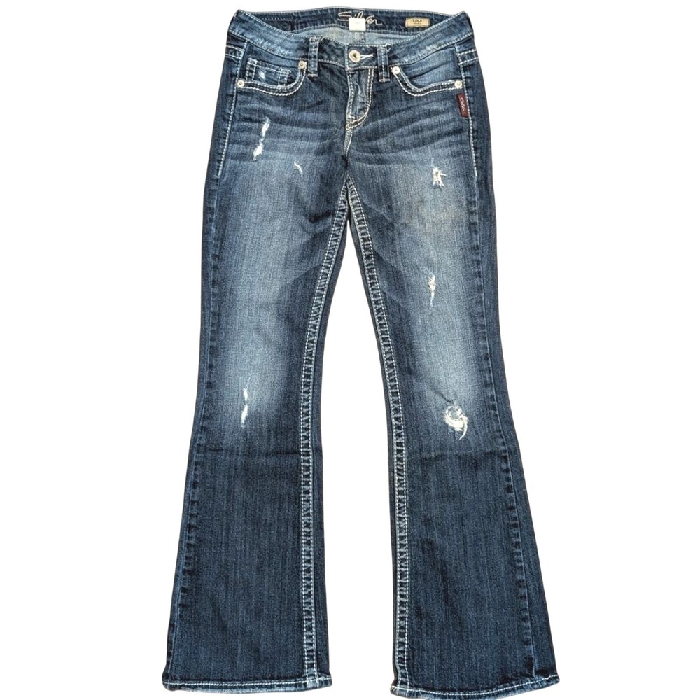 Silver Jeans Lola Flare 27 x 33 Faded Wash Ripped Distressed Denim Studded